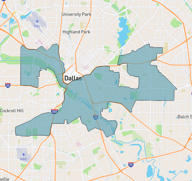 Map of Texas House District 100 covering central and southern Dallas